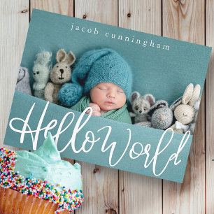 Hello World! Modern Playful Script Baby Birth Announcement Postcard