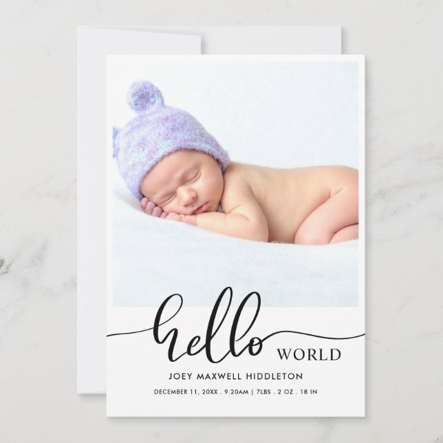 Hello World Modern Script Birth Announcement (Front)
