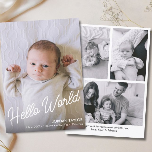 Hello World Modern Script Newborn Baby Birth Announcement (Hello World Modern Script Newborn Baby Birth Announcement)