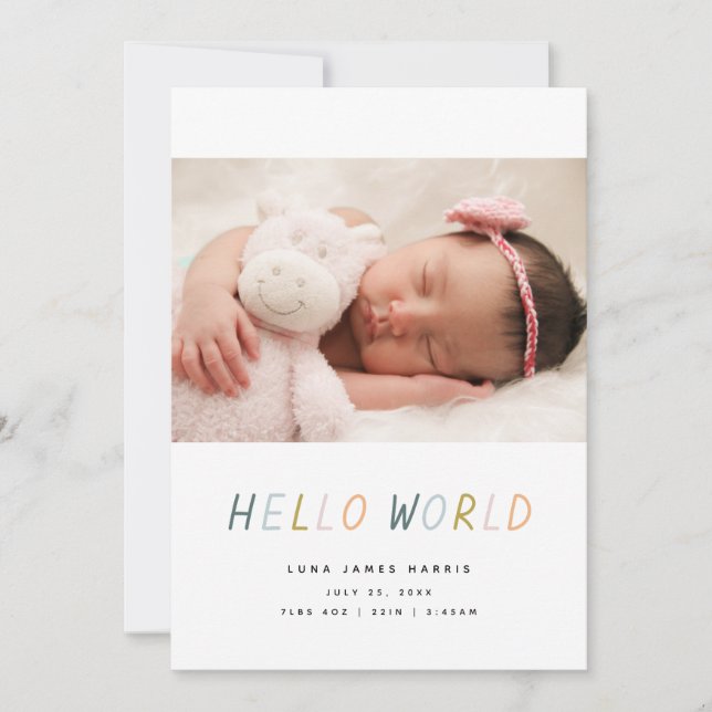 Hello World New Baby Birth Announcement Card (Front)