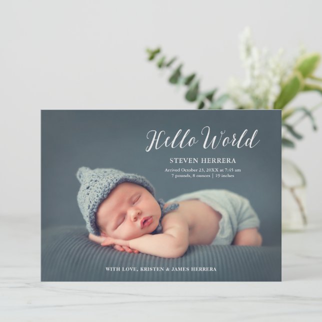 Hello World Overlay with Floral Decor Baby Birth Announcement (Standing Front)