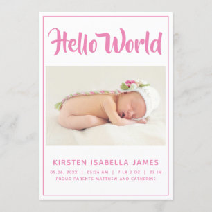 Hello World Photo Baby Announcement Pink