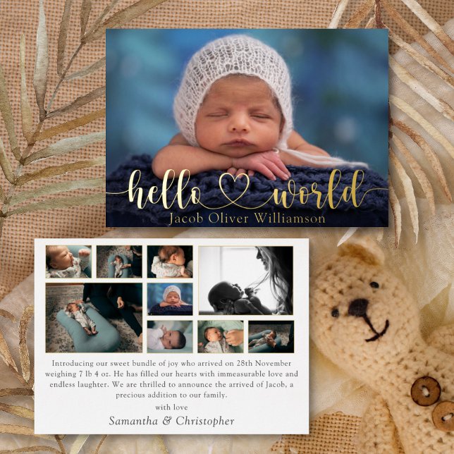 Hello World Photo Collage Gold Baby Announcement (Creator Uploaded)