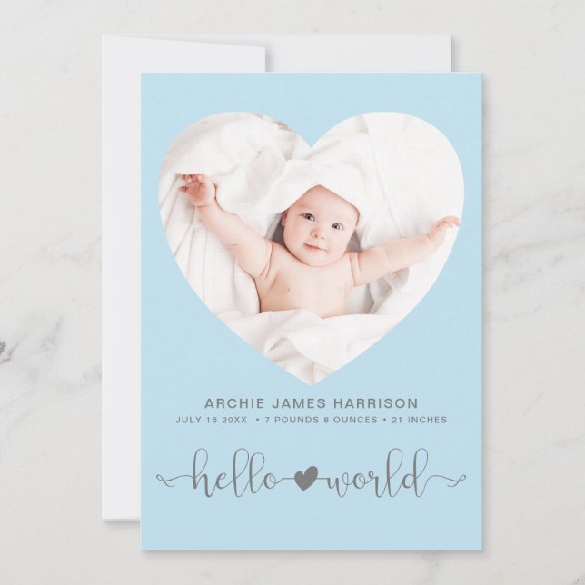 Hello World Photo Heart Frame Blue Boy Birth Announcement (Front)