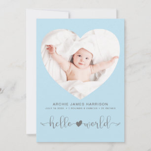 Hello World Photo Heart Frame Blue Boy Birth Announcement