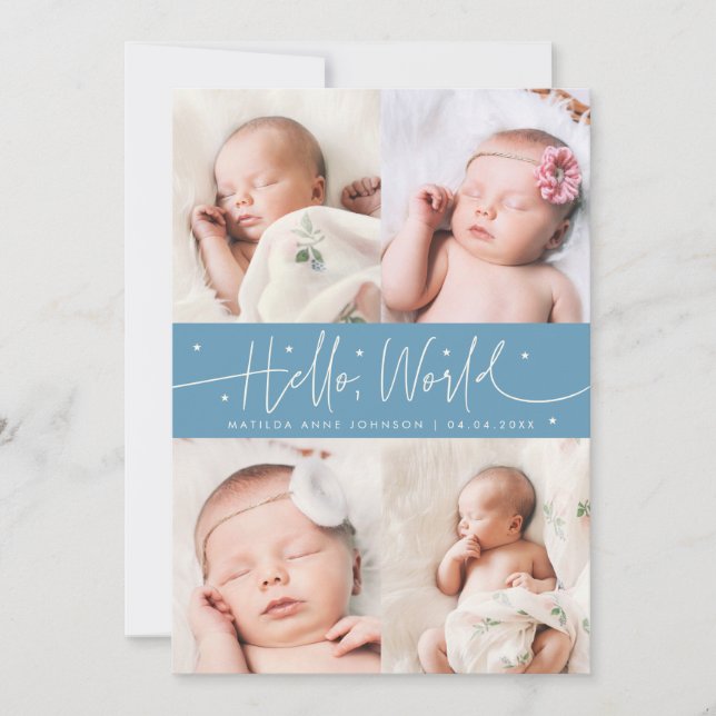 Hello World Script Denim Blue Multi Photo Birth Announcement (Front)