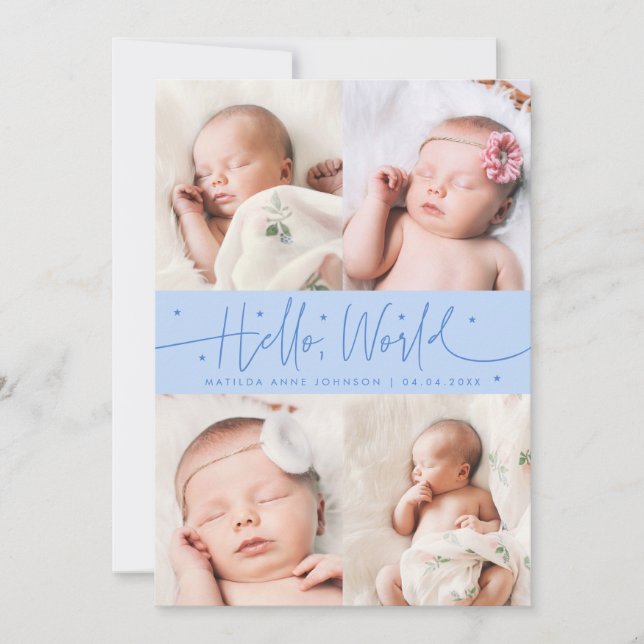Hello World Script Icy Blue Multi Photo Birth Announcement (Front)
