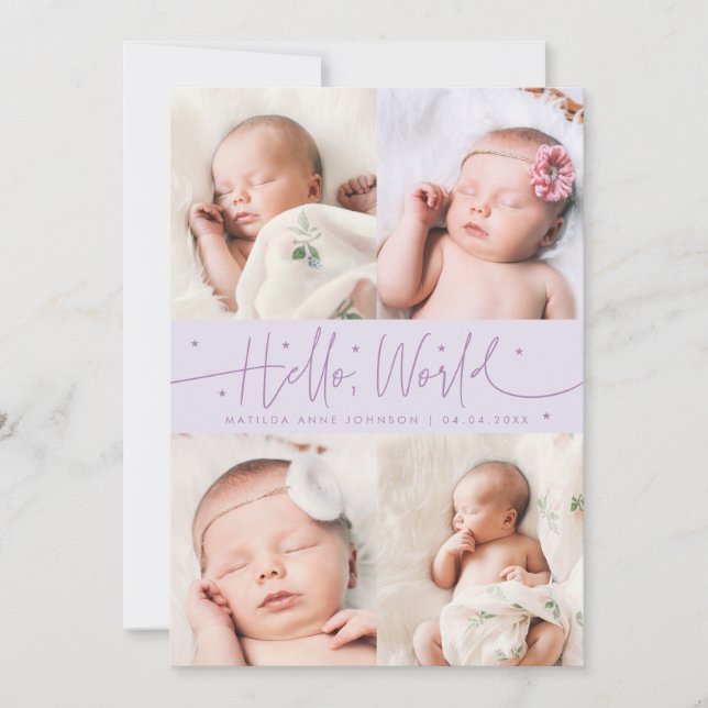 Hello World Script Lilac Multi Photo Birth Announcement (Front)