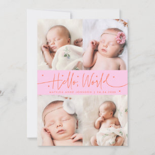 Hello World Script Orange Pink Multi Photo Birth Announcement