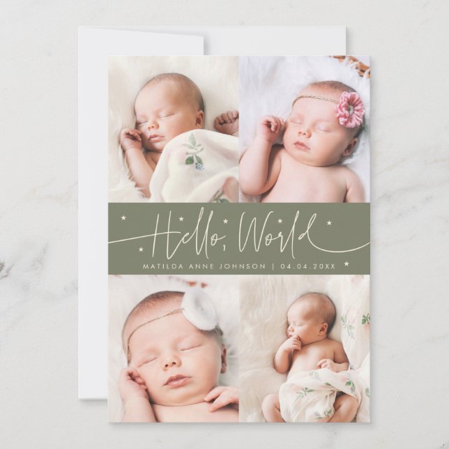 Hello World Script Sage Green Multi Photo Birth Announcement (Front)