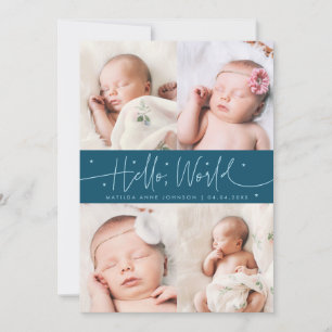 Hello World Script Teal Multi Photo Birth Announcement