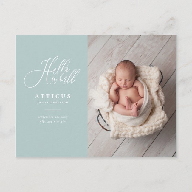 Hello world script text photo birth announcement (Front)