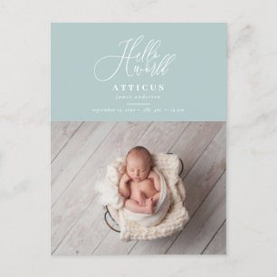 Hello world script text photo birth announcement