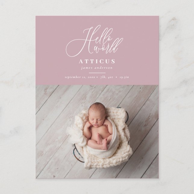 Hello world script text photo birth announcement (Front)
