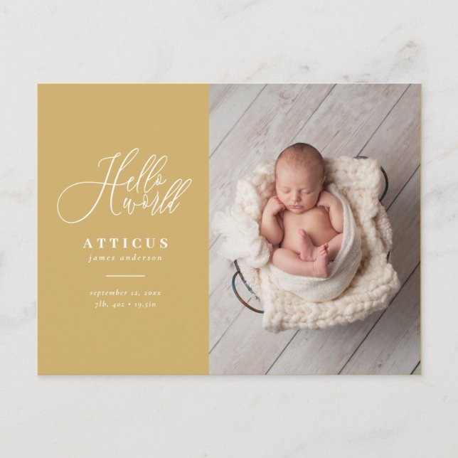 Hello world script text photo birth announcement (Front)