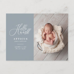 Hello world script text photo birth announcement postcard