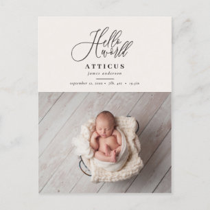 Hello world script text photo birth announcement postcard