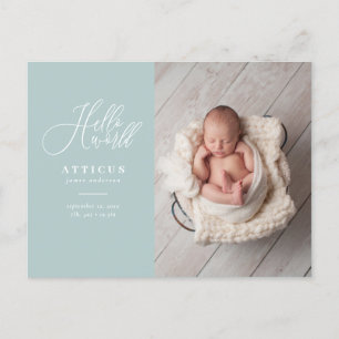 Hello world script text photo birth announcement postcard
