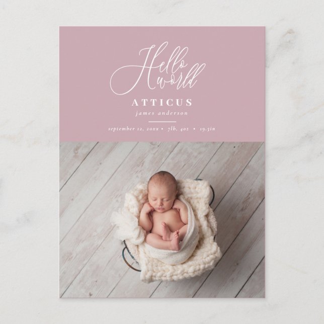 Hello world script text photo birth announcement postcard (Front)