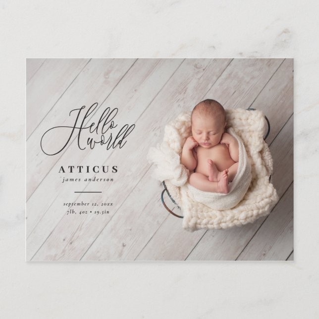 Hello world script text photo birth announcement postcard (Front)