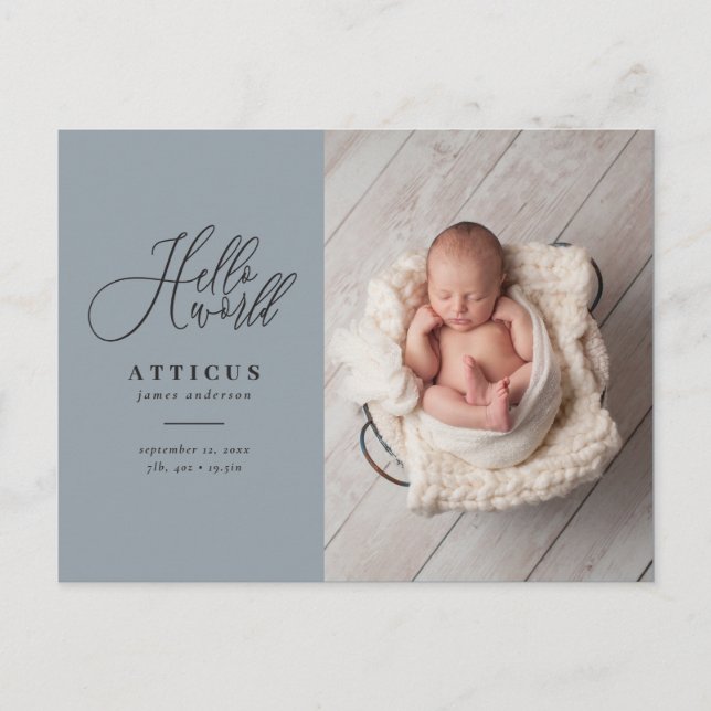 Hello world script text photo birth announcement postcard (Front)