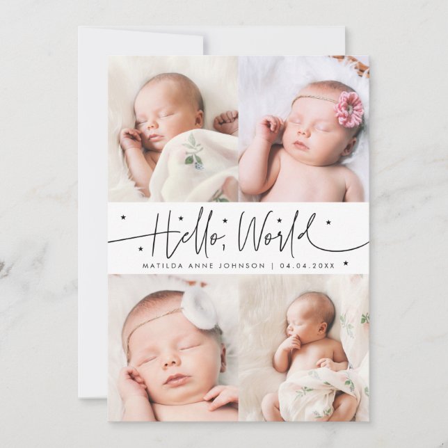 Hello World Script White Multi Photo Birth Announcement (Front)