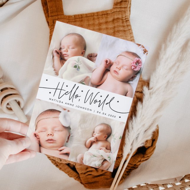 Hello World Script White Multi Photo Birth Announcement (Creator Uploaded)
