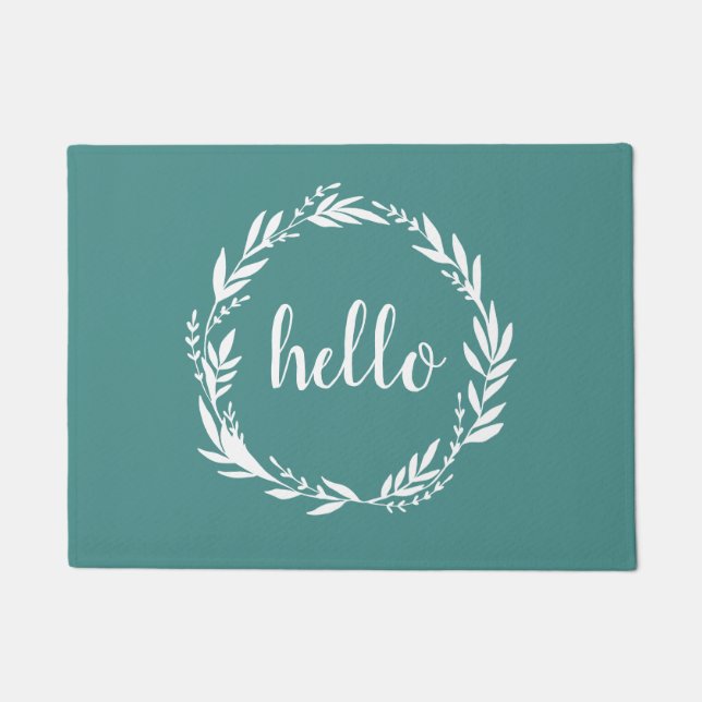 Hello Wreath Farmhouse Turquoise Doormat (Front)