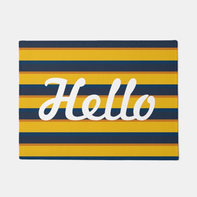 Hello yellow and blue stripe door mat (Front)