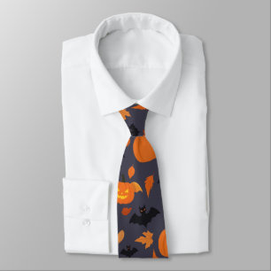 Helloween pattern pumpkin, bat, autumn leaves. tie