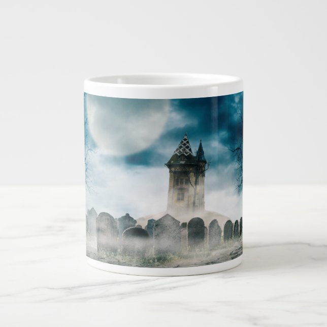 Helloween scene. Haunted house on graveyard. Large Coffee Mug (Front)