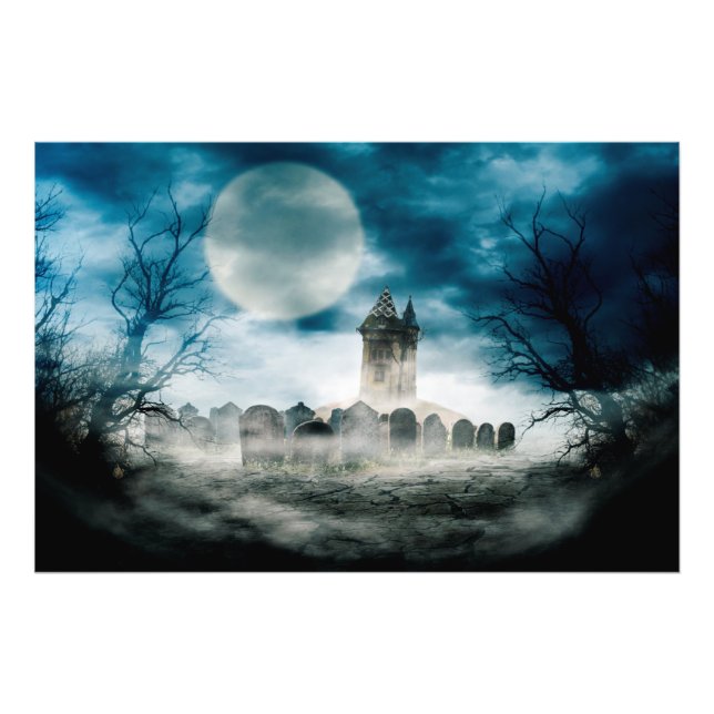 Helloween Scene. Haunted house on graveyard. Photo Print (Front)