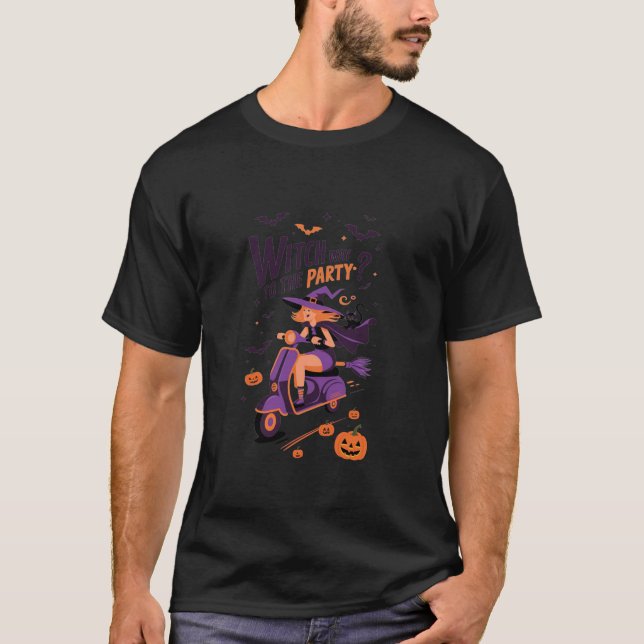 Helloween witch scooter witch way to party Pumpkin T-Shirt (Front)