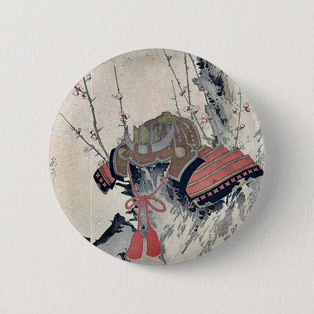 Helmet on a Plum Tree by Ryusai, Shigeharu Ukiyoe 6 Cm Round Badge (Front)