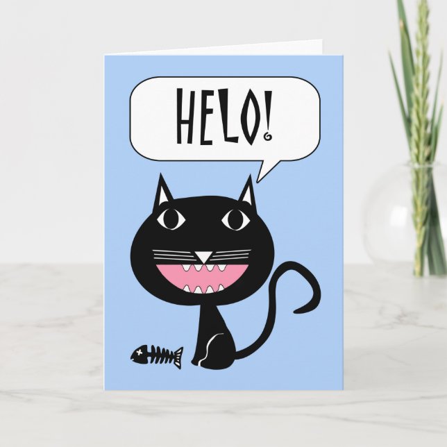 Helo Hello in Welsh with Black Cat and Fish Card (Front)