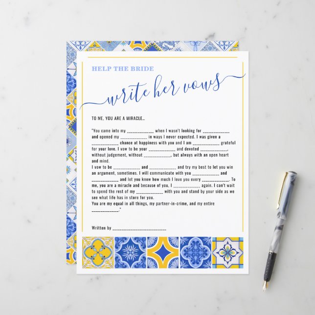 Help Bride Write Vows Blue Tiles Game (Front/Back In Situ)
