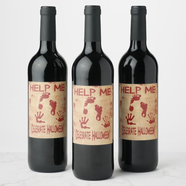 HELP ME Bloody Footprint & Handprint Halloween  Wine Label (Bottles)