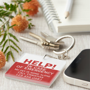 Help pet home alone emergency contact personalised key ring