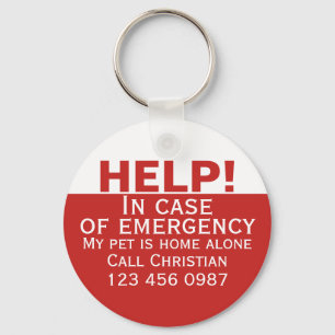 Help pet home alone emergency contact personalised key ring