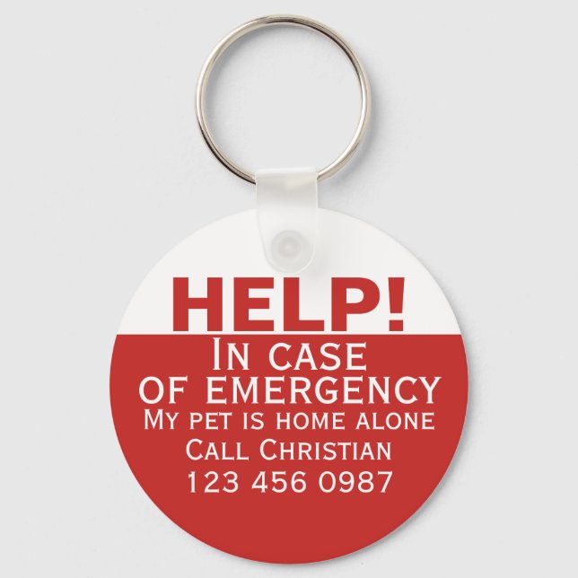 Help pet home alone emergency contact personalised key ring (Front)