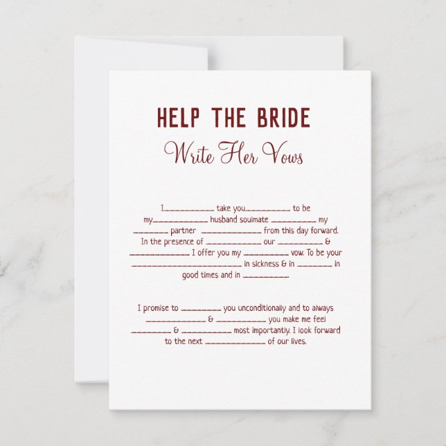 help the bride write her vows bridal shower game card (Front)