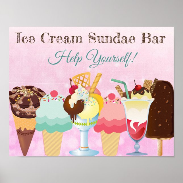 Help Yourself Ice Cream Sundae Bar Poster Sign (Front)