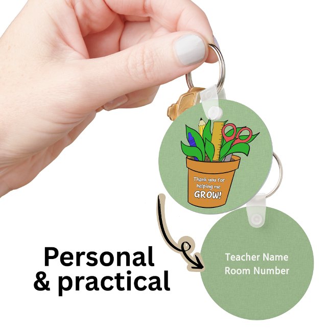 Helping Me Grow Teacher Gift Metal Key Ring (A personal keychain with their name, room number and reminder of the important work they do!)