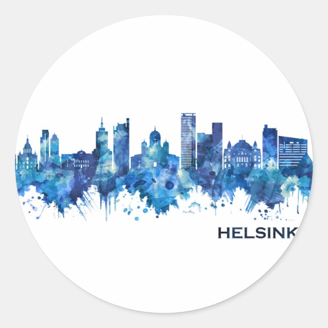 Helsinki Finland Skyline Blue Classic Round Sticker (Front)