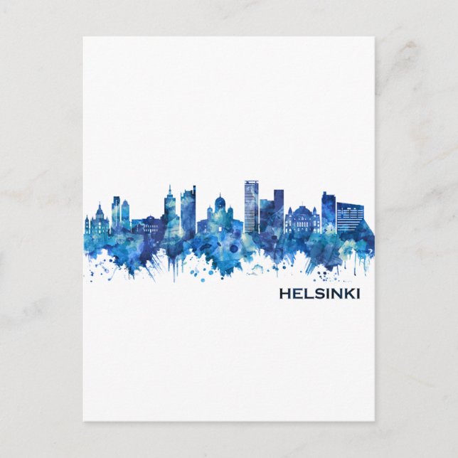 Helsinki Finland Skyline Blue Invitation Postcard (Front)