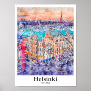 Helsinki Finland Travel Watercolor Hand Drawn Poster