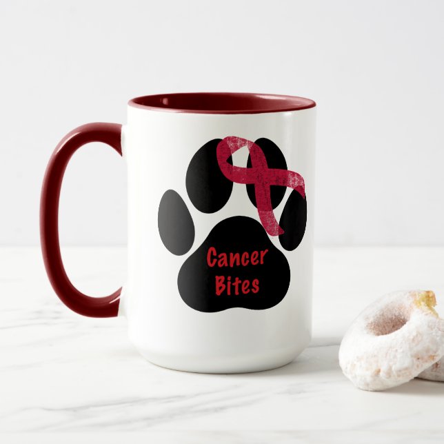 Hemangiosarcoma Dog Cancer Paw Ribbon Design Mug (With Donut)