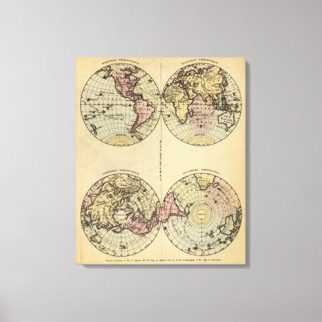 Hemispheres Hand Coloured Atlas Map Canvas Print (Front)