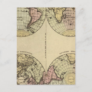 Hemispheres Hand Coloured Atlas Map Postcard
