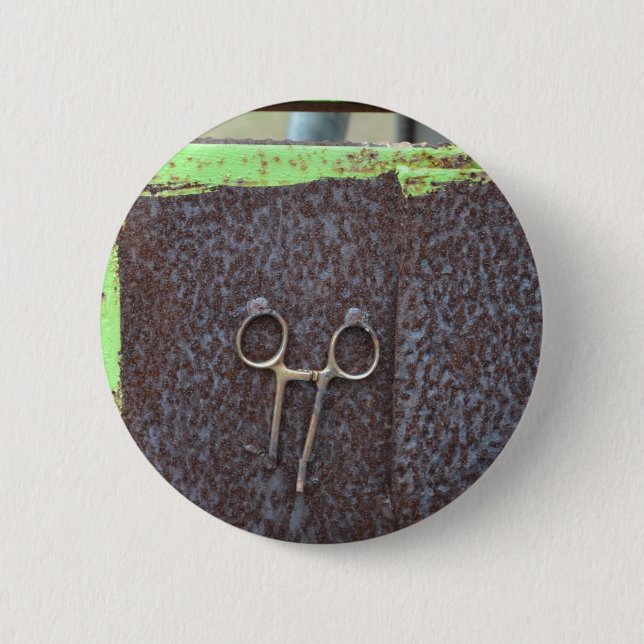 hemostat rusting metal grunge work 6 cm round badge (Front)
